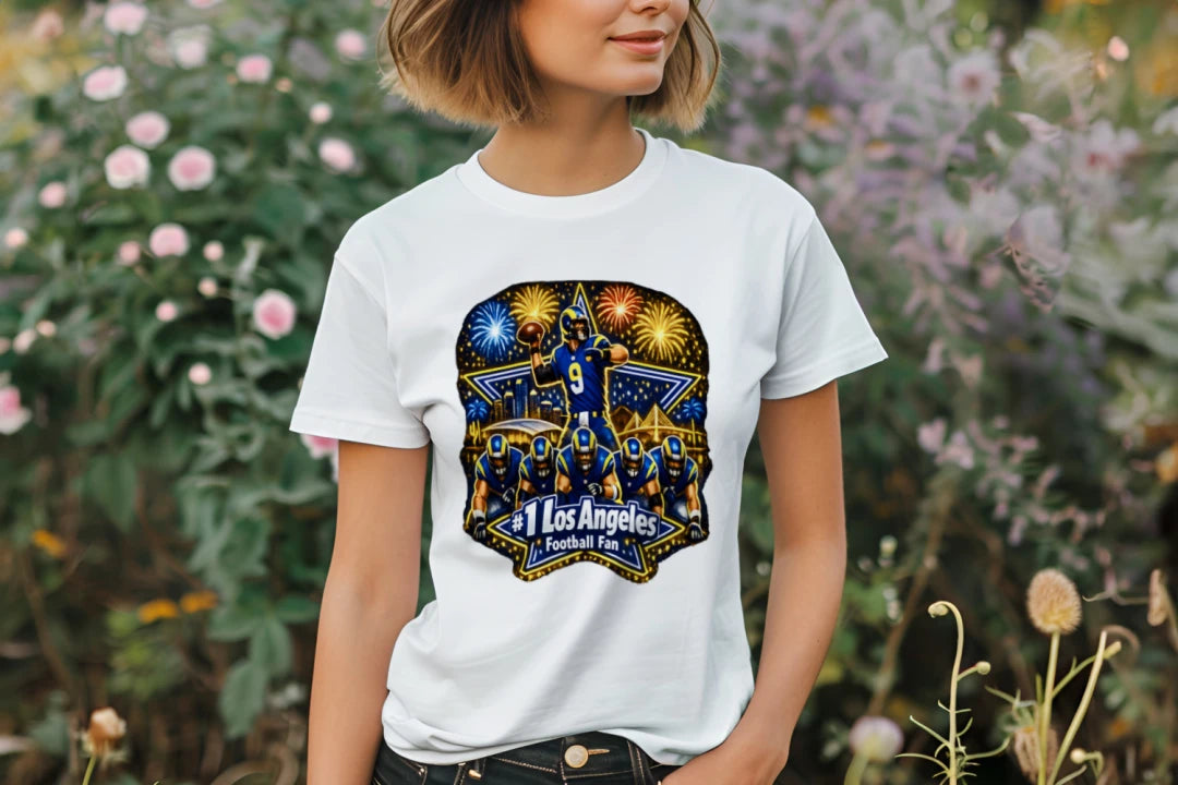 Los Angeles Football Fan Shirt – #1 Rams Supporter Tee with Fireworks Design