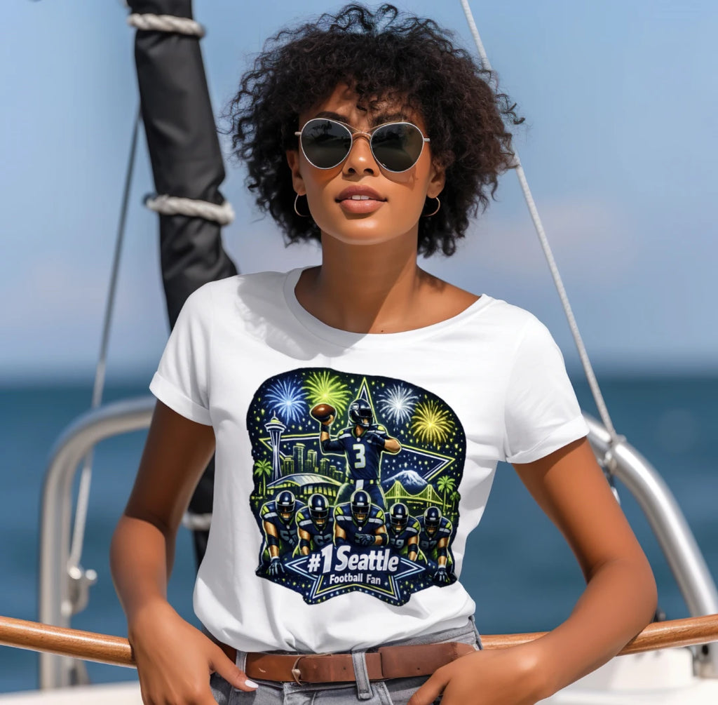 #1 Seattle Football Fan T‑Shirt – Vibrant Skyline & Fireworks Design