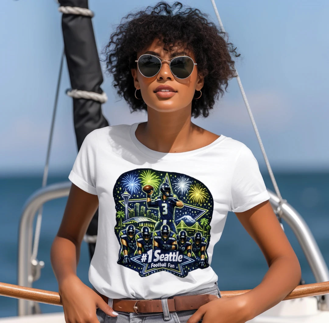 #1 Seattle Football Fan T‑Shirt – Vibrant Skyline & Fireworks Design