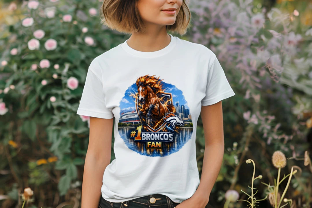 #1 Broncos Fan T‑Shirt | Denver Football Graphic Tee | Fiery Horse Stadium Design | Gift for Fans