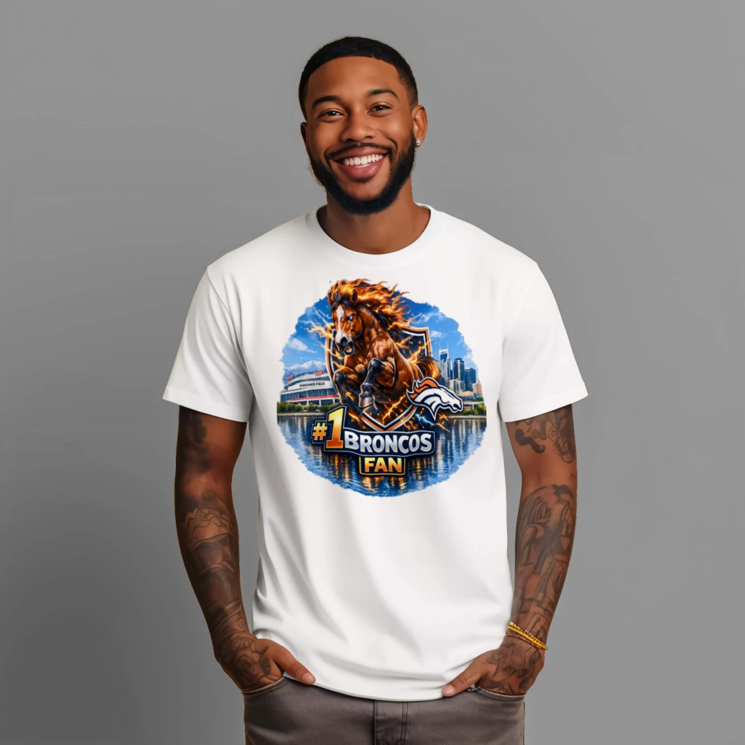 #1 Broncos Fan T‑Shirt | Denver Football Graphic Tee | Fiery Horse Stadium Design | Gift for Fans
