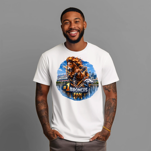 #1 Broncos Fan T‑Shirt | Denver Football Graphic Tee | Fiery Horse Stadium Design | Gift for Fans