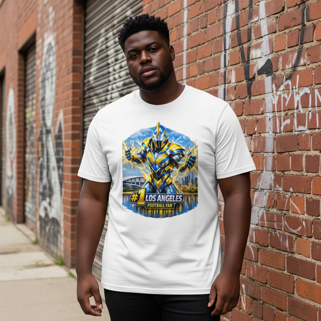 #1 Los Angeles Chargers Football Fan Shirt – Electric Blue & Gold Superhero Design, LA Stadium Skyline Tee