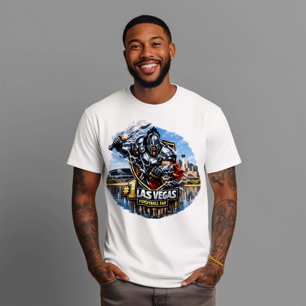 #1 Las Vegas Football Fan T‑Shirt | Raider‑Inspired Warrior Design | Vegas Skyline Graphic Tee | Gift for Fans